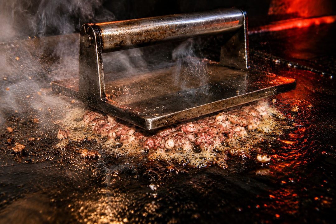 Hot Mess smash burger patties pressed on the griddle