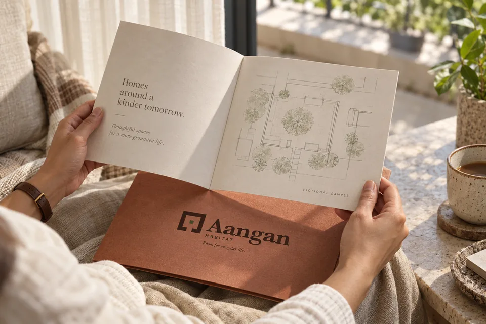 Aangan Habitat brochure and folder held naturally in human hands by a model-apartment window.