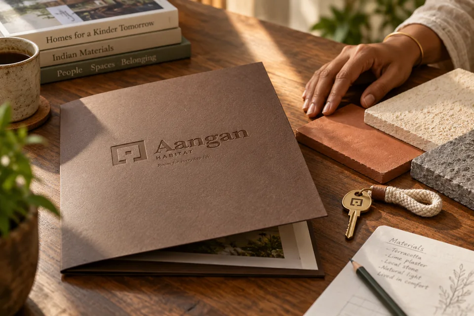 Close editorial detail of an embossed Aangan Habitat folder, keys and honest residential material samples on a working table.