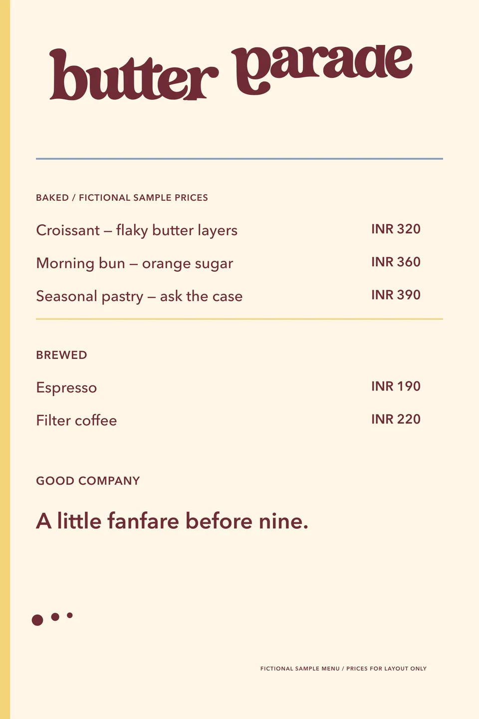 Butter Parade: menu front. Vector identity and application artwork.