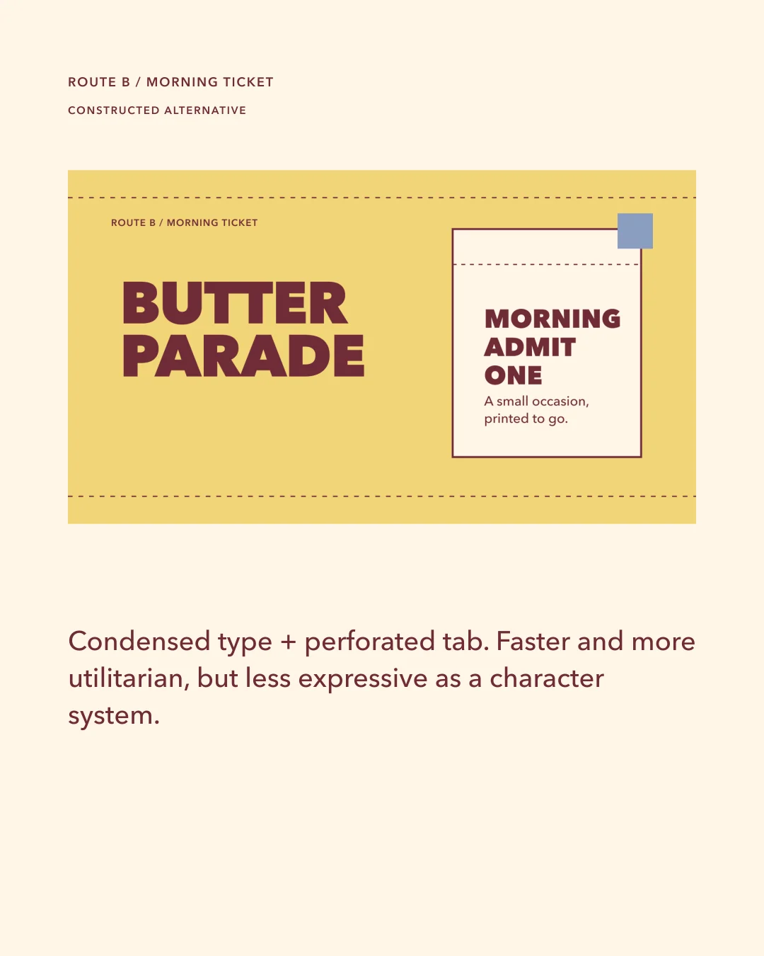 Route B alternative using condensed type and a perforated morning ticket device.