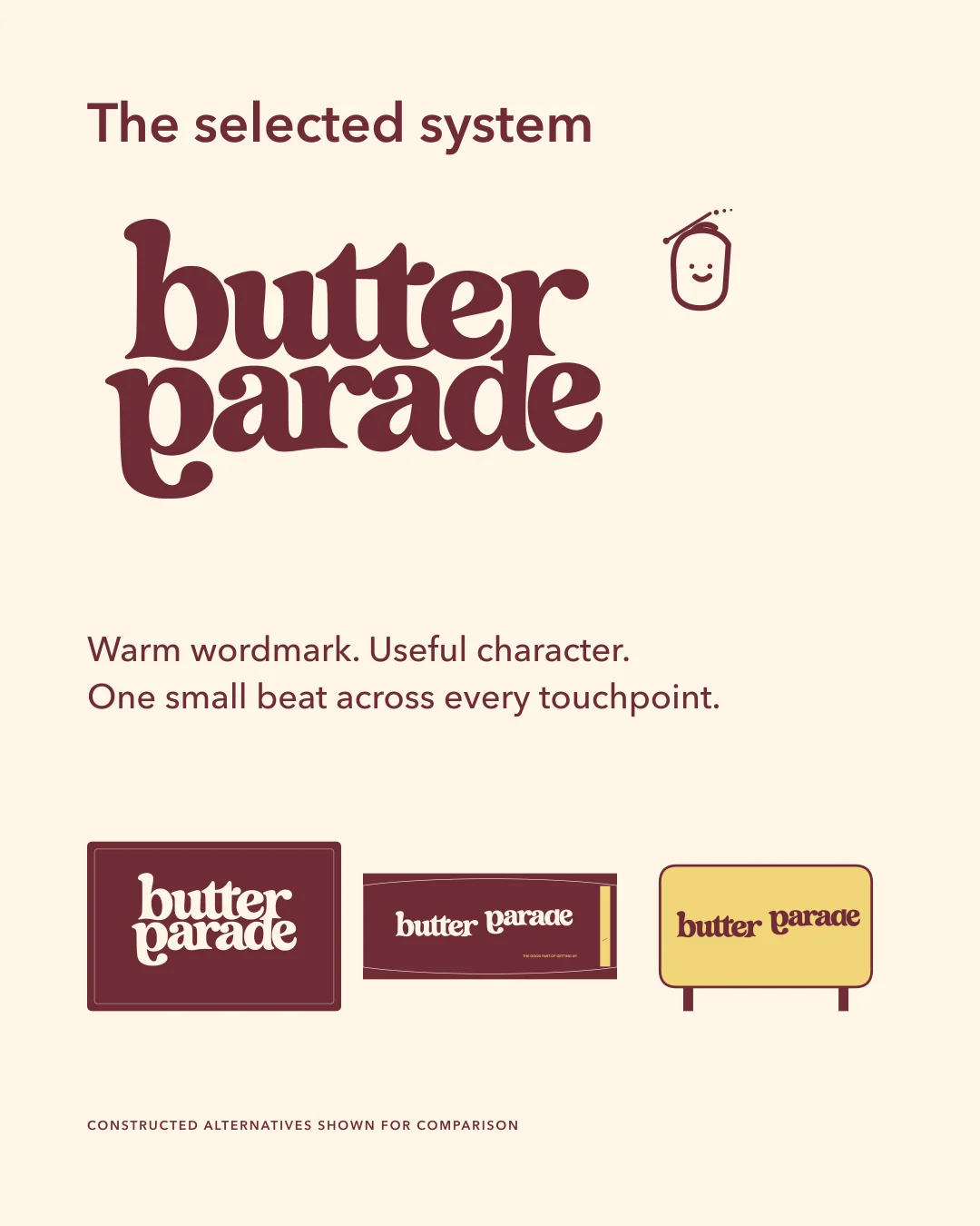 Selected Butter Parade system shown across a box, cup, and shop sign.