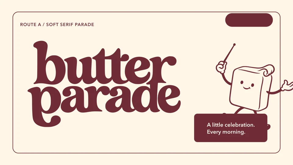 Butter Parade: route a soft serif. Vector identity and application artwork.