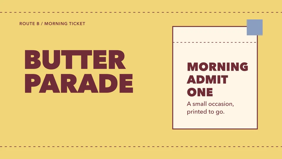 Butter Parade: route b morning ticket. Vector identity and application artwork.