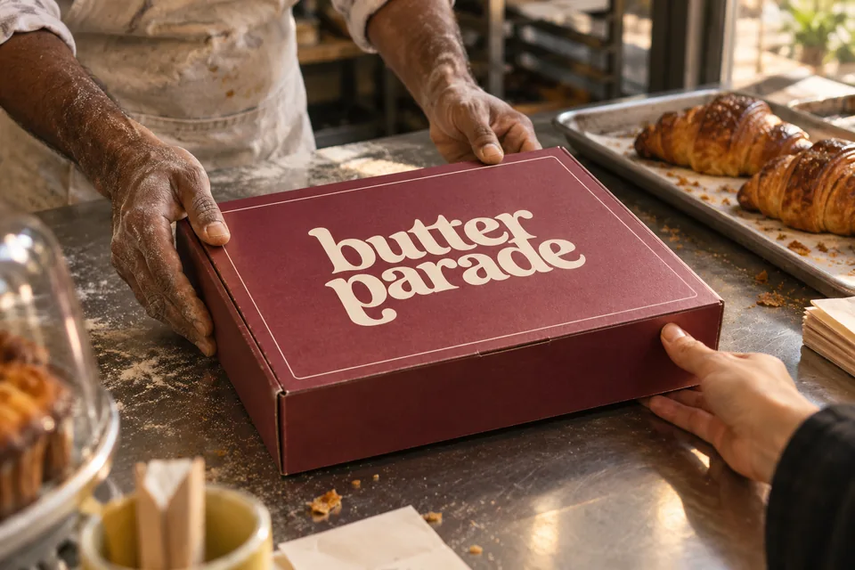 A baker and customer exchange a cherry-coloured Butter Parade pastry box over a stainless counter.