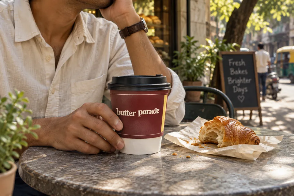 A customer holds a branded Butter Parade coffee cup at a small pavement table beside a half-eaten croissant.