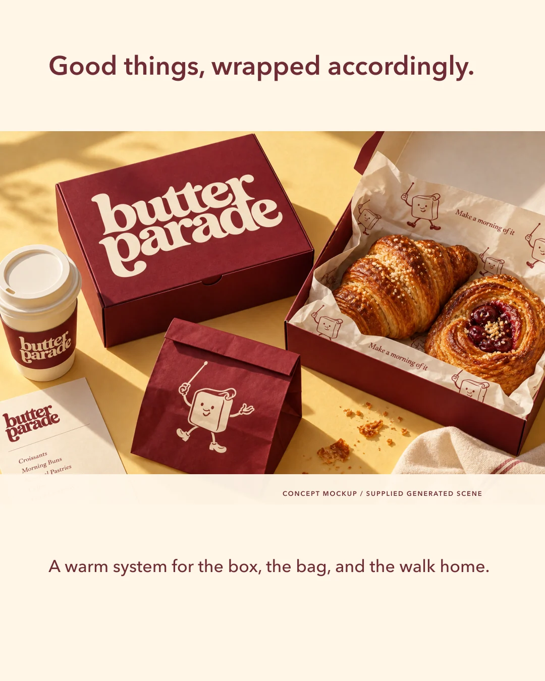 Warm packaging concept scene with a caption about the box, bag, and walk home.