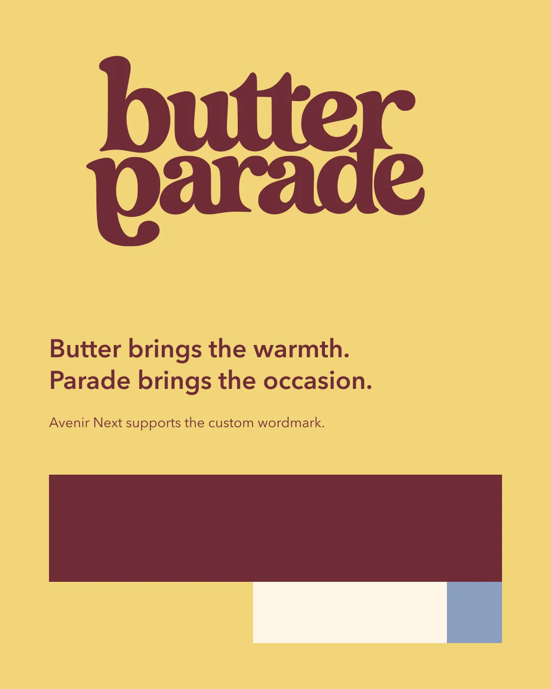 Butter Parade wordmark, Avenir Next note, and four role-based colour blocks.