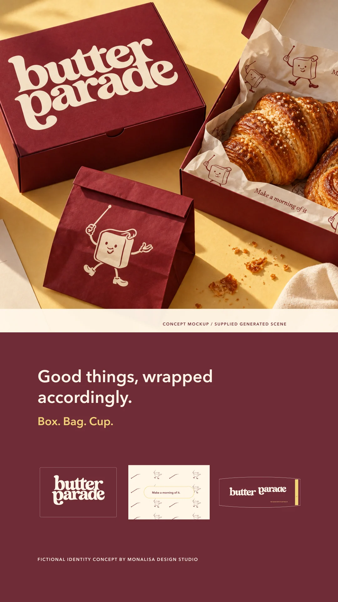 Vertical Butter Parade story showing packaging concept imagery and flat box, bag, and cup artwork.