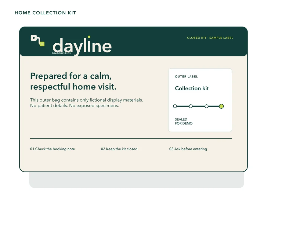 Dayline Diagnostics closed home collection kit bag and fictional outer label.