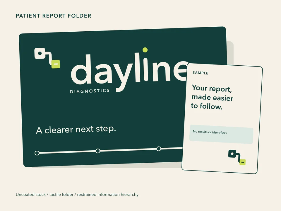 Dayline Diagnostics report folder and sample information insert, shown as a composed print application.