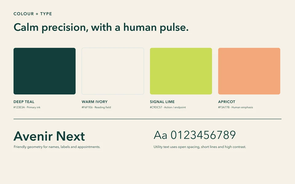 Dayline Diagnostics colour and typography system using deep teal, warm ivory, signal lime and apricot.