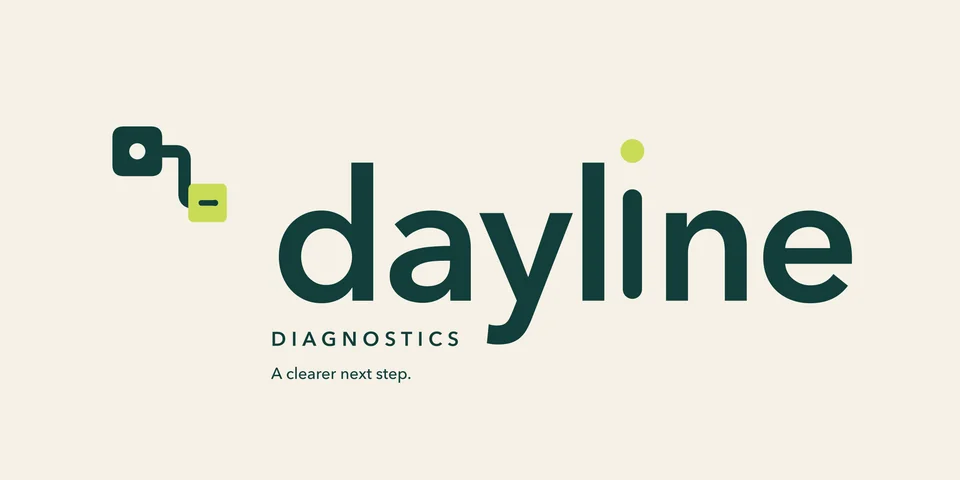 Dayline Diagnostics primary logo in deep teal and lime on warm ivory.
