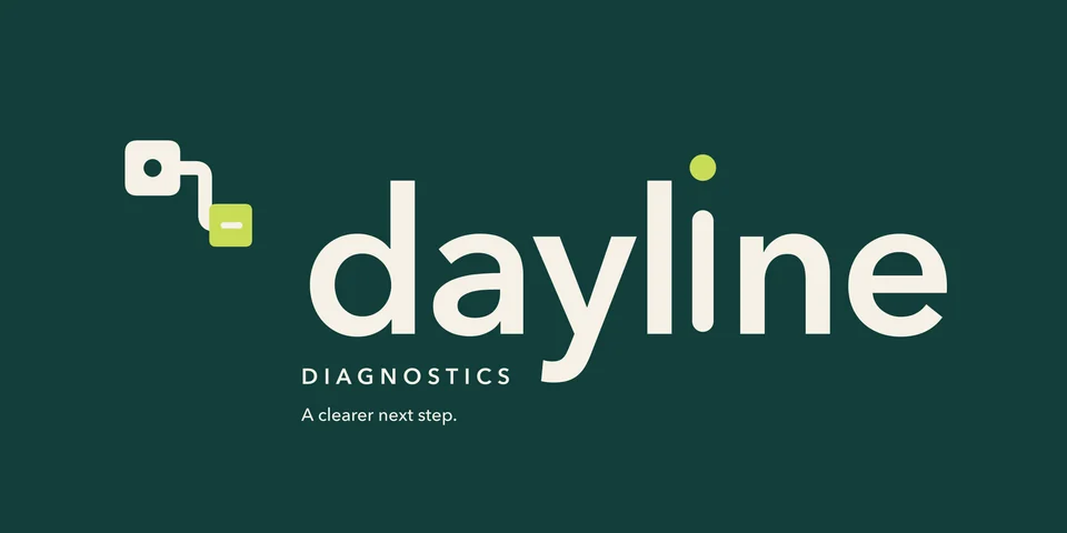 Dayline Diagnostics reverse logo in warm ivory and lime on deep teal.
