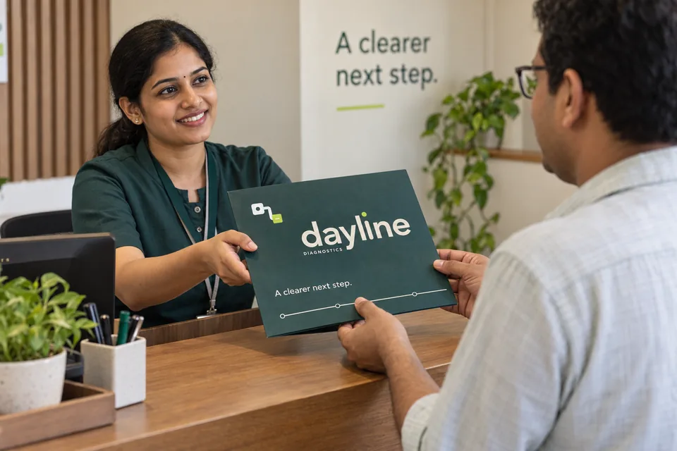 AI-generated fictional concept of an Indian receptionist handing a closed Dayline report folder to an adult patient across a tidy counter.