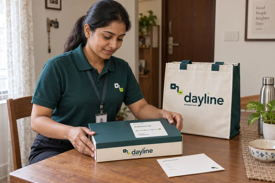AI-generated fictional concept of a home collection professional preparing a closed Dayline kit on a clean table in an Indian apartment.