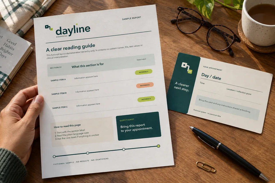 AI-generated fictional concept of Dayline sample report and appointment materials on a real desk in daylight.