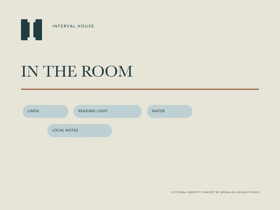Interval House: amenities card front. Vector identity and application artwork.