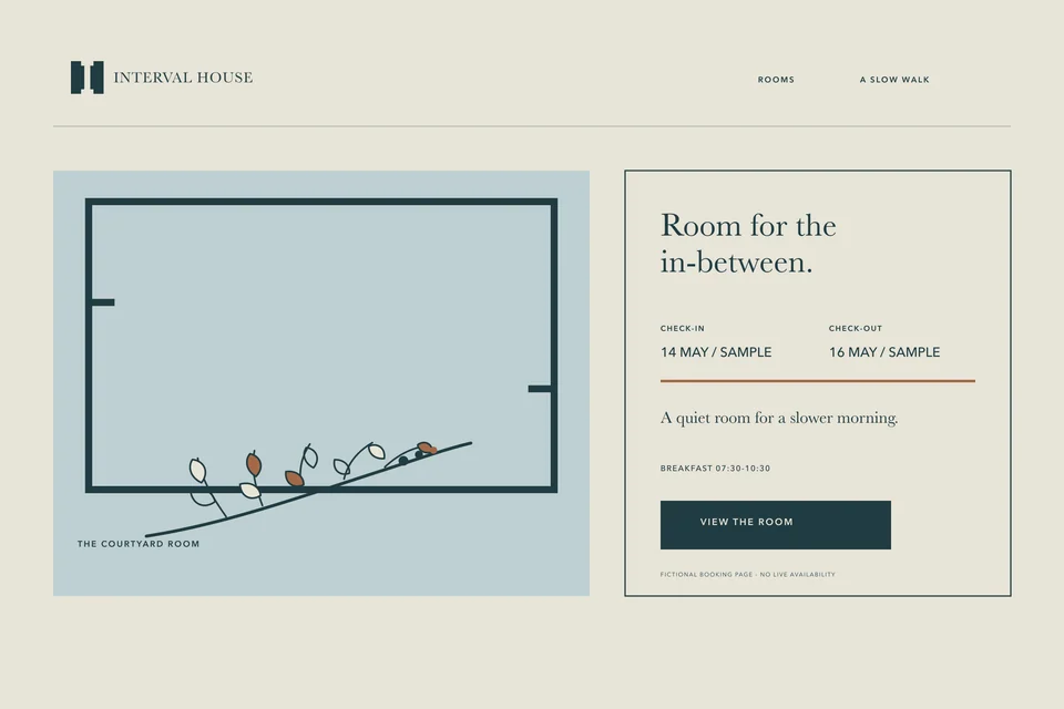 Interval House: booking page desktop. Vector identity and application artwork.