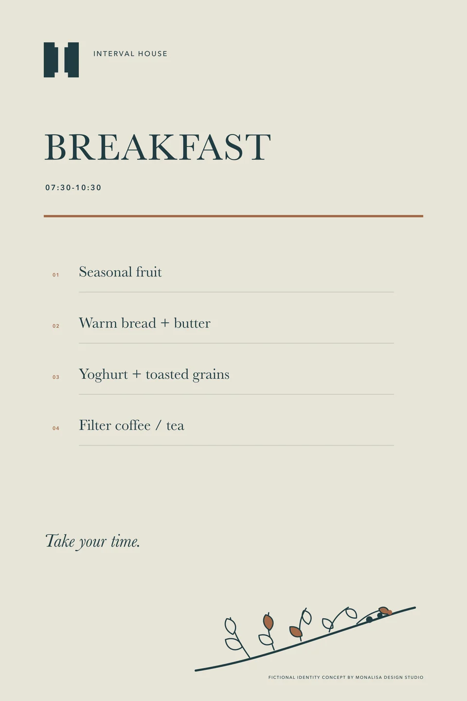 Interval House: breakfast menu front. Vector identity and application artwork.