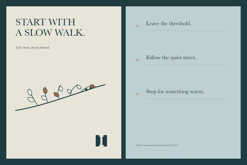 Interval House: neighbourhood guide spread. Vector identity and application artwork.