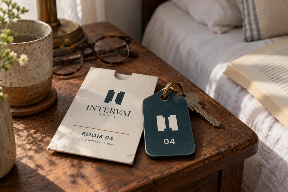 An Interval House Room 04 key sleeve and dark blue-green key fob rest on a worn teak bedside table beside glasses and linen.