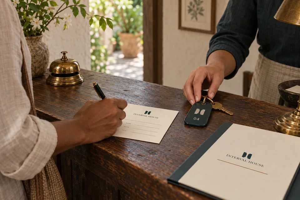 A guest signs an Interval House arrival card while a receptionist passes a dark blue-green Room 04 key fob across a worn timber counter.