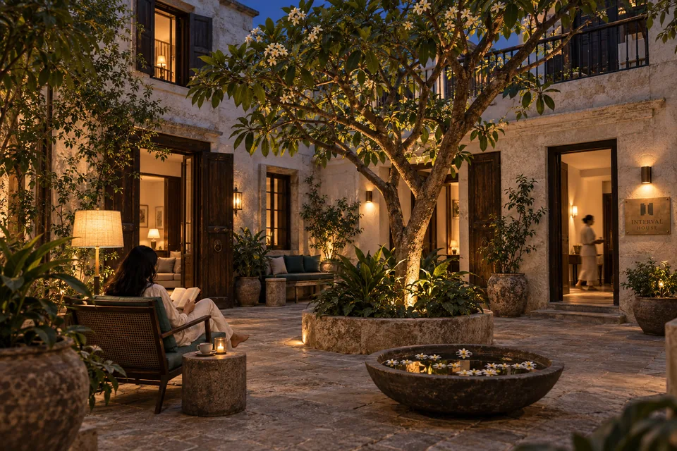 A guest reads beneath a mature frangipani tree in the lamplit stone courtyard of Interval House at dusk.