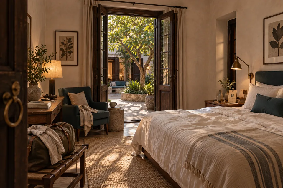 A warm Interval House guest room with linen bedding, deep green seating, an overnight bag and open teak shutters onto the frangipani courtyard.