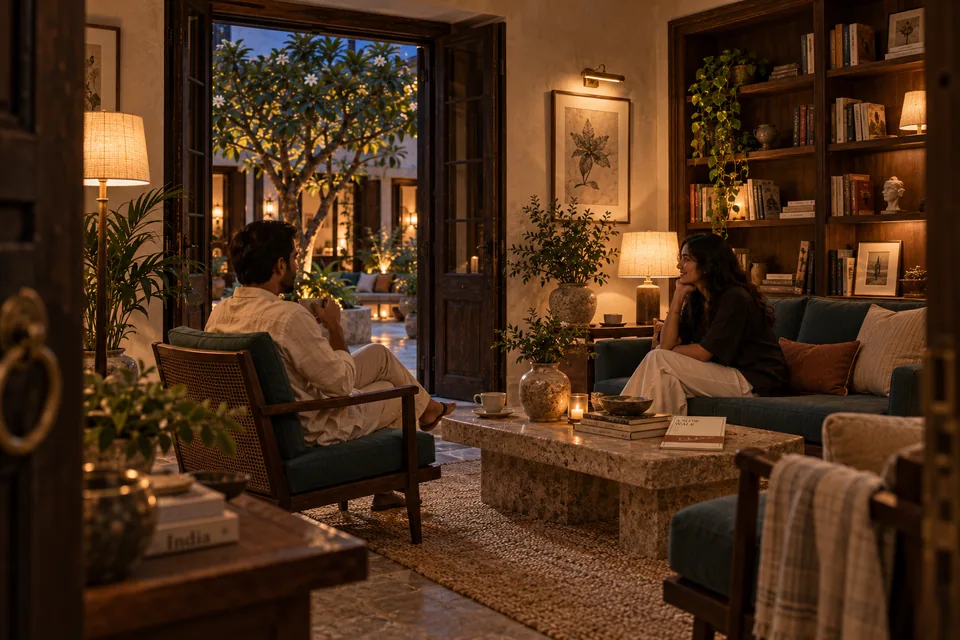 Two guests talk over tea in Interval House's low-lit library lounge, with deep green seating and the frangipani courtyard beyond open teak doors.