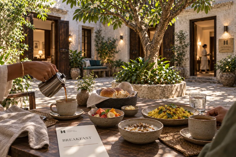 Tea is poured beside simple breakfast dishes and an Interval House menu beneath the frangipani tree in the shaded courtyard.