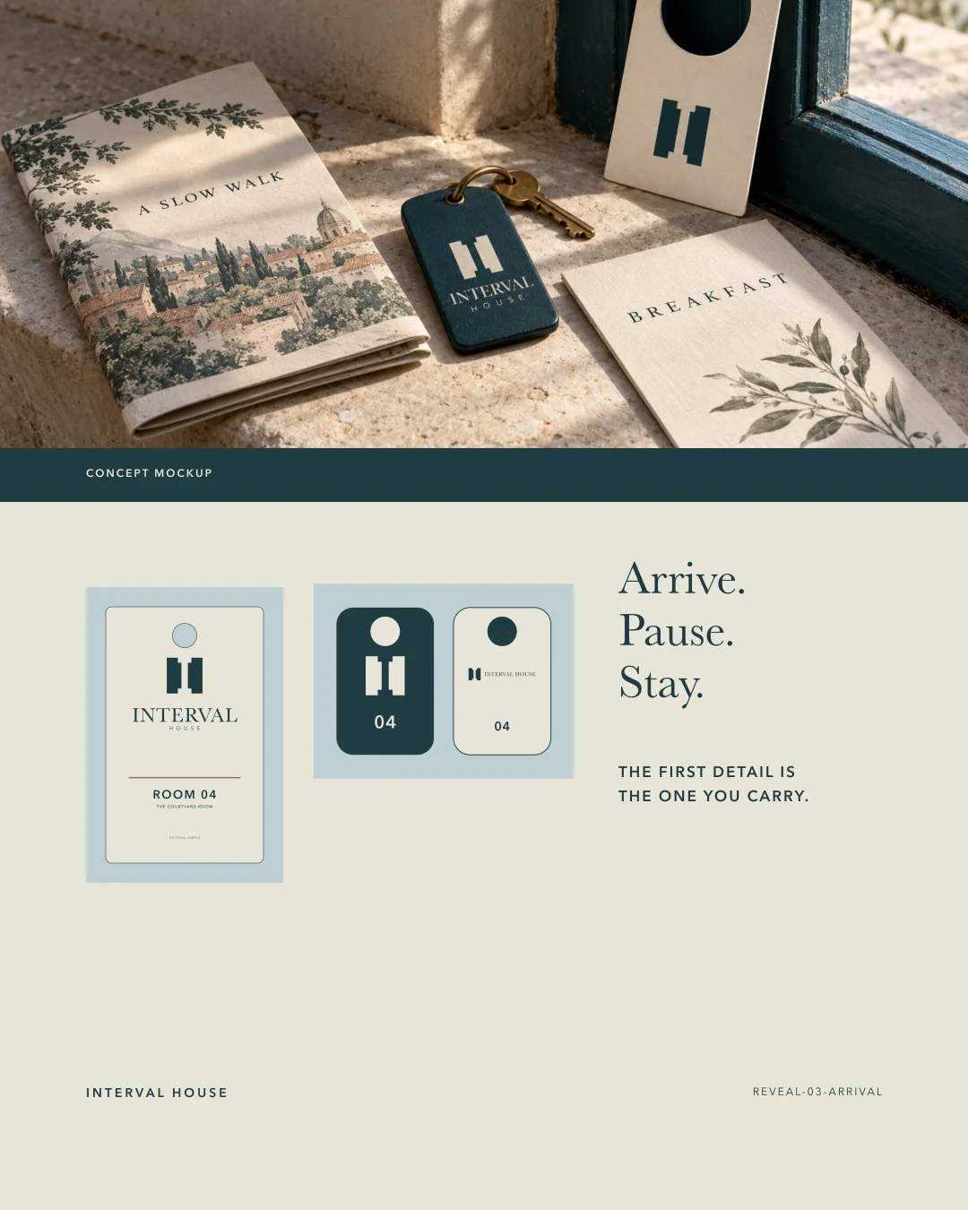 Arrival concept mockup above a flat Interval House key and fob.