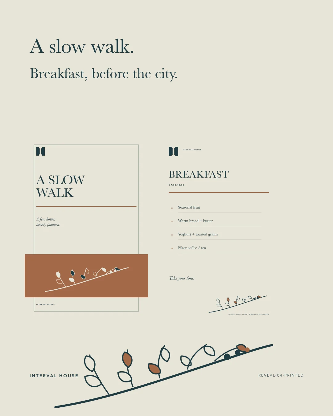 Interval House guide and breakfast menu with an olive-sprig line.