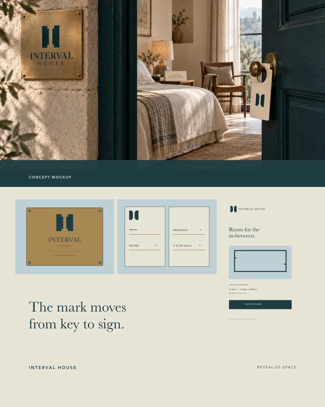 Room concept mockup with Interval House plaque, wayfinding, and mobile page artwork.