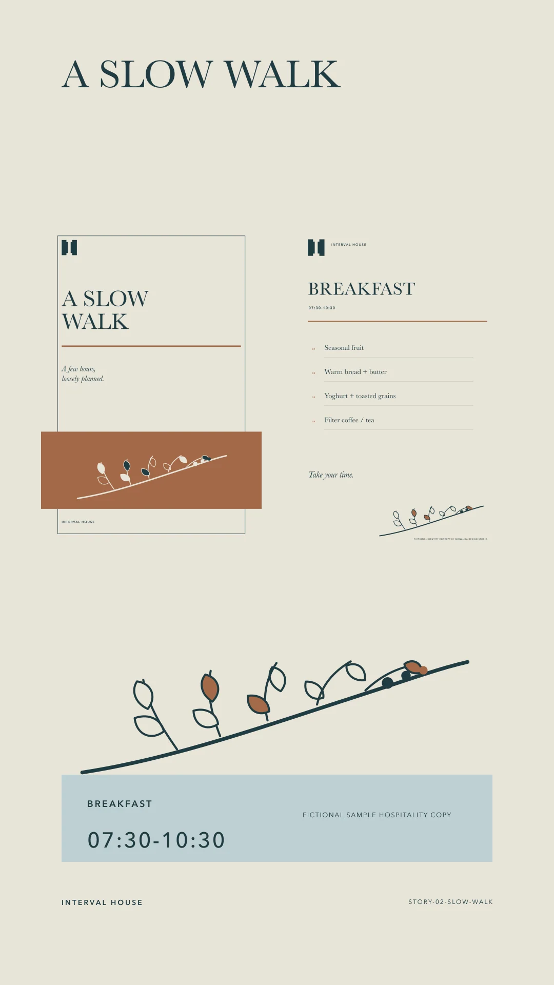 Vertical story showing an Interval House slow-walk guide and sample breakfast time.