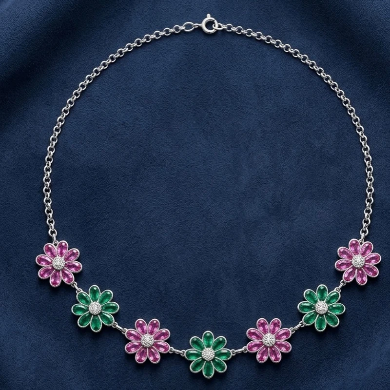 Complete floral necklace arranged as a product study on deep navy fabric.