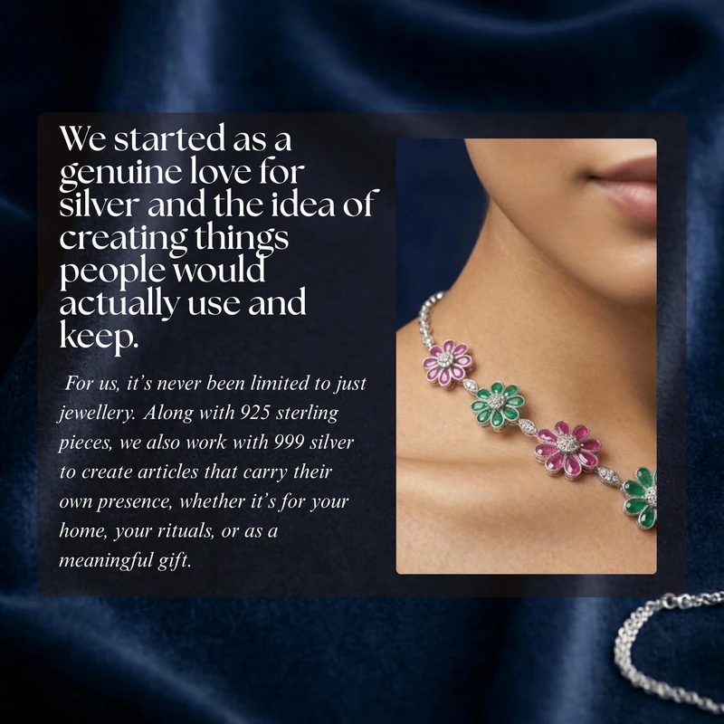 Square brand-story post on navy fabric, combining a close necklace crop with editorial copy about the brand’s beginning and everyday use.