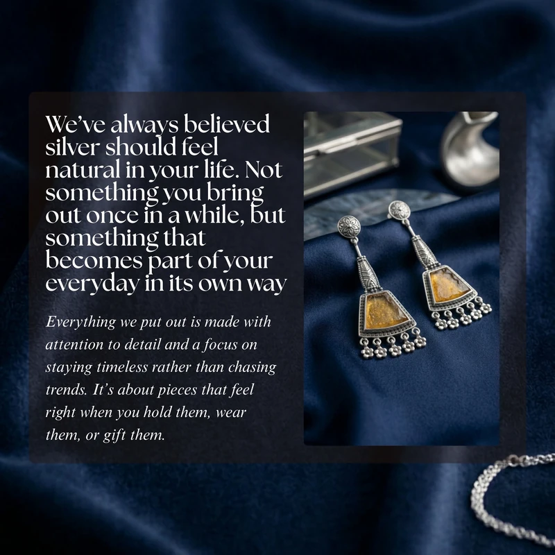 Square brand-story post on navy fabric, pairing an earring photograph with editorial copy about the intended brand voice.
