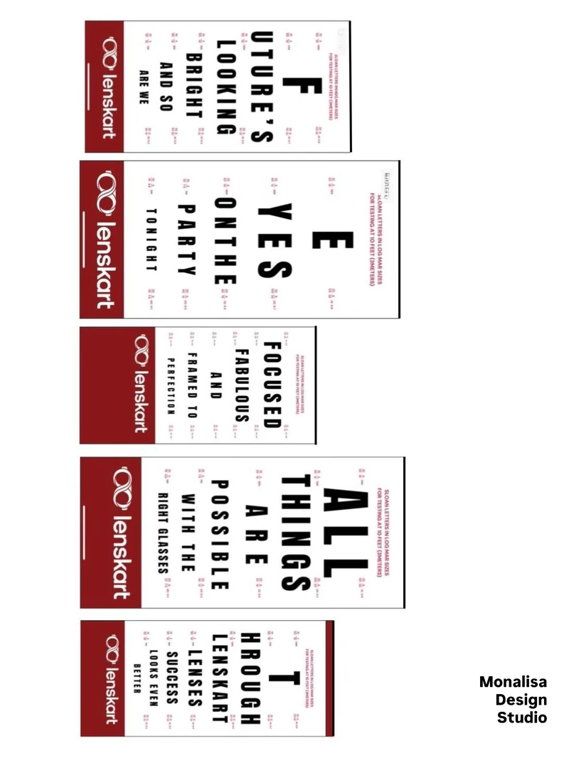 Artwork sheet showing five Lenskart eye-chart variants in red, black and white.
