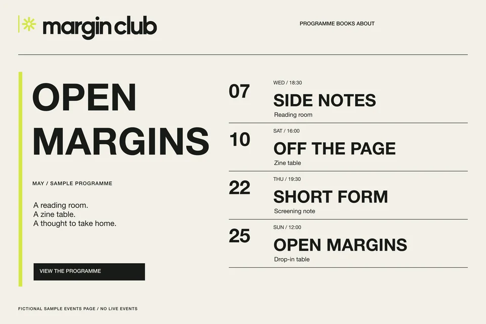 Margin Club: events page desktop. Vector identity and application artwork.