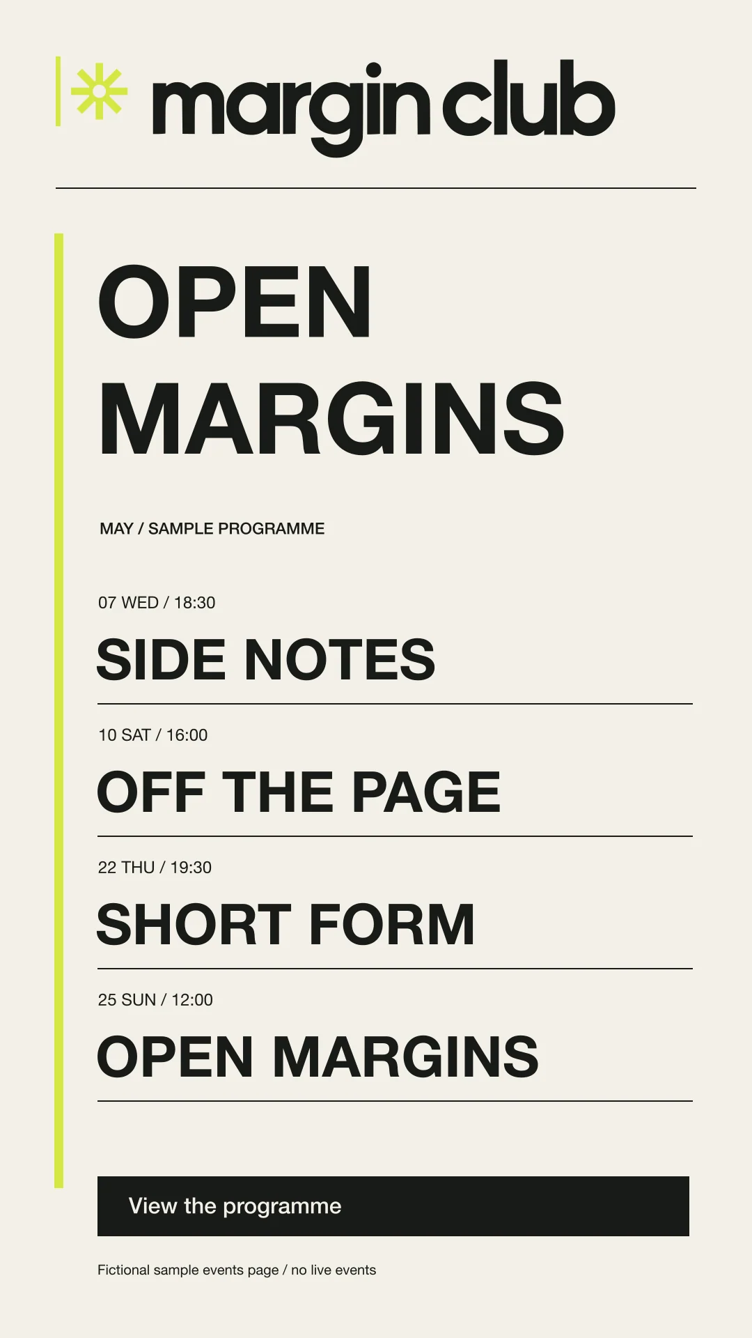 Margin Club: events page mobile. Vector identity and application artwork.