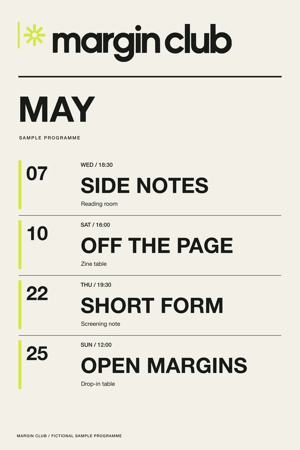 Margin Club: monthly programme front. Vector identity and application artwork.