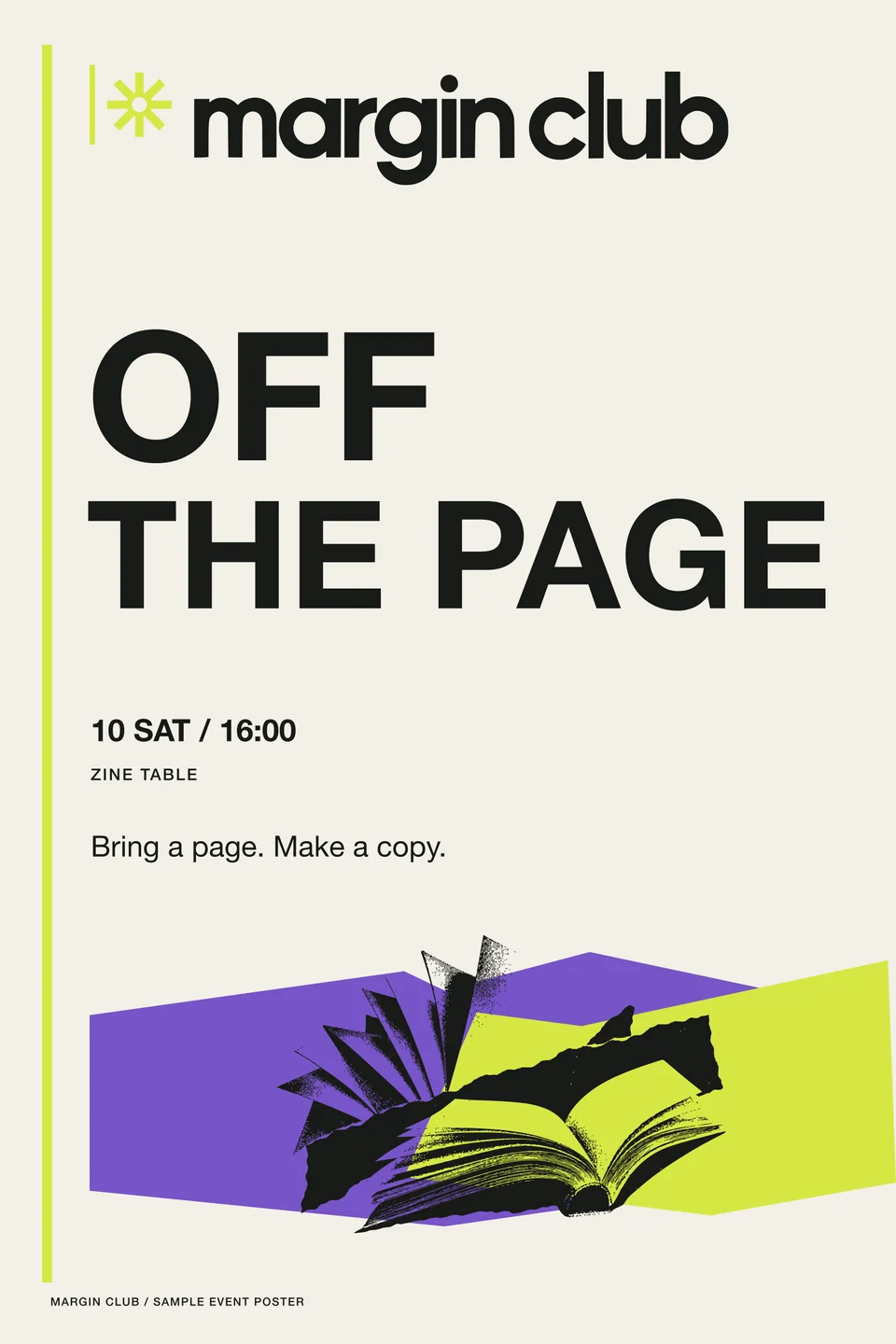 Margin Club: poster off the page. Vector identity and application artwork.