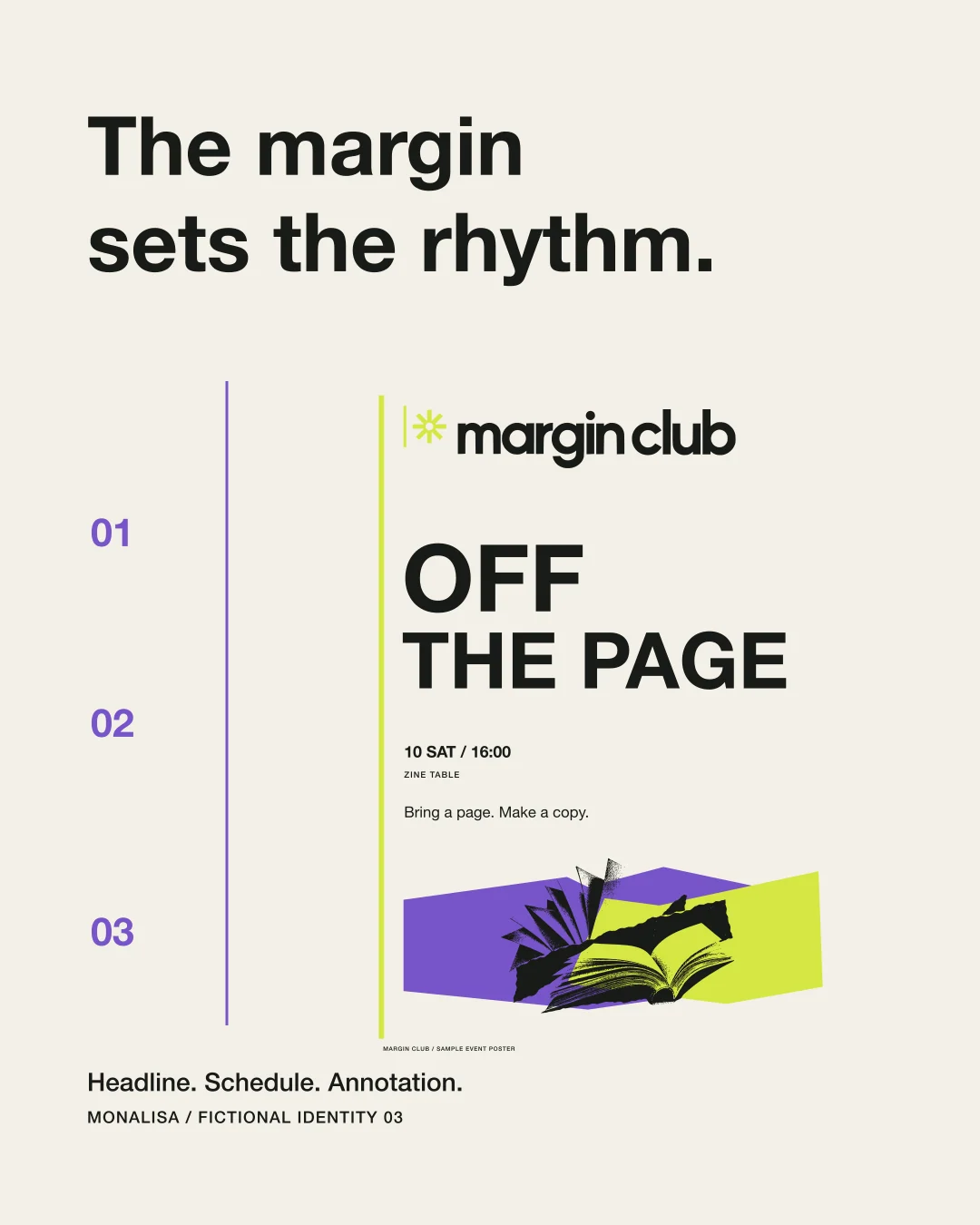 Margin Club poster hierarchy showing headline, schedule, and annotation layers.