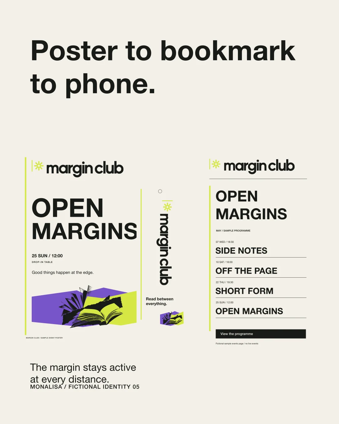 Margin Club system shown across a poster, bookmark, and mobile events page.