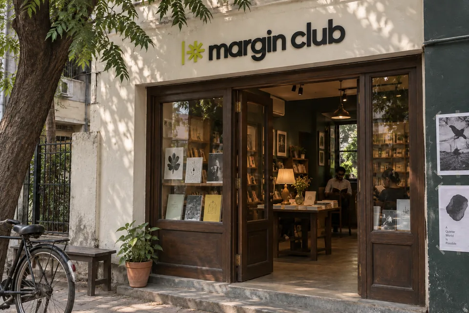 Margin Club lettering above a timber bookshop entrance with readers, books and leaf shadows.