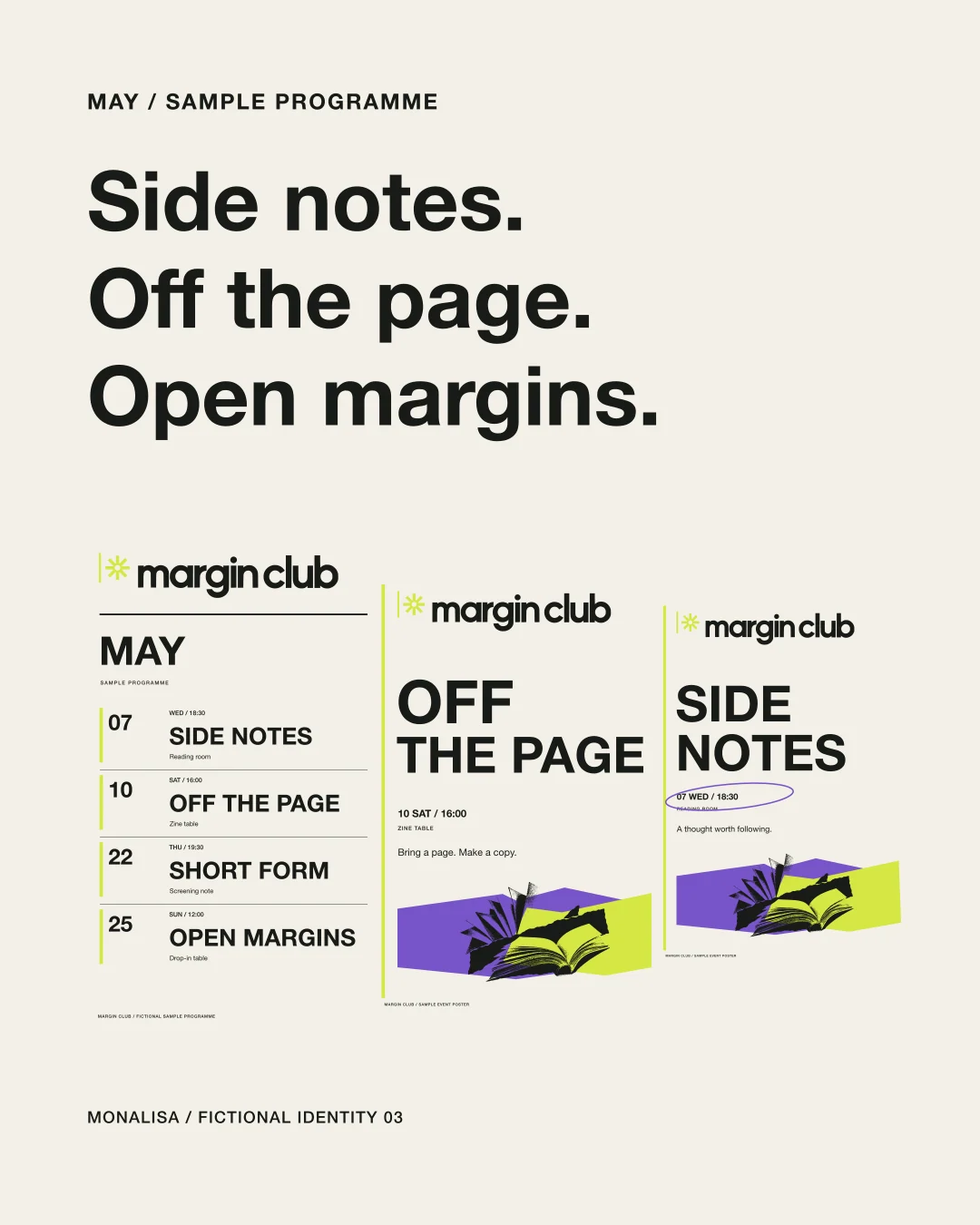 Margin Club fictional programme and three poster titles.