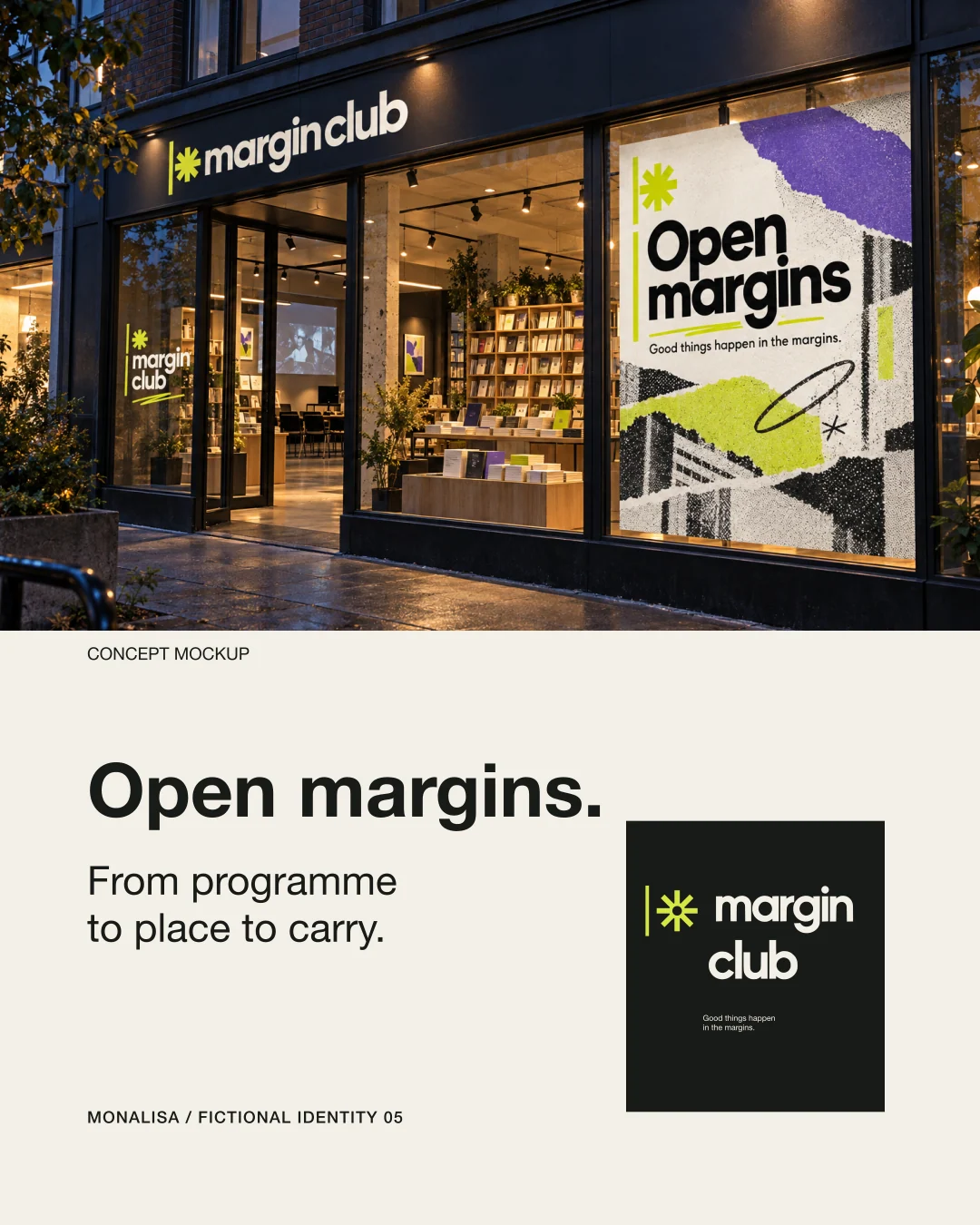 Margin Club storefront concept above flat fascia, tote, and mobile events page artwork.