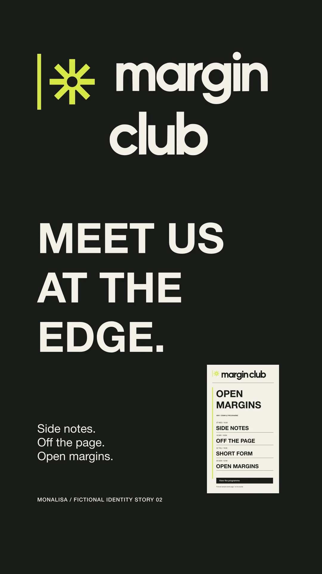 Vertical Margin Club story with Meet us at the edge and a mobile events page strip.