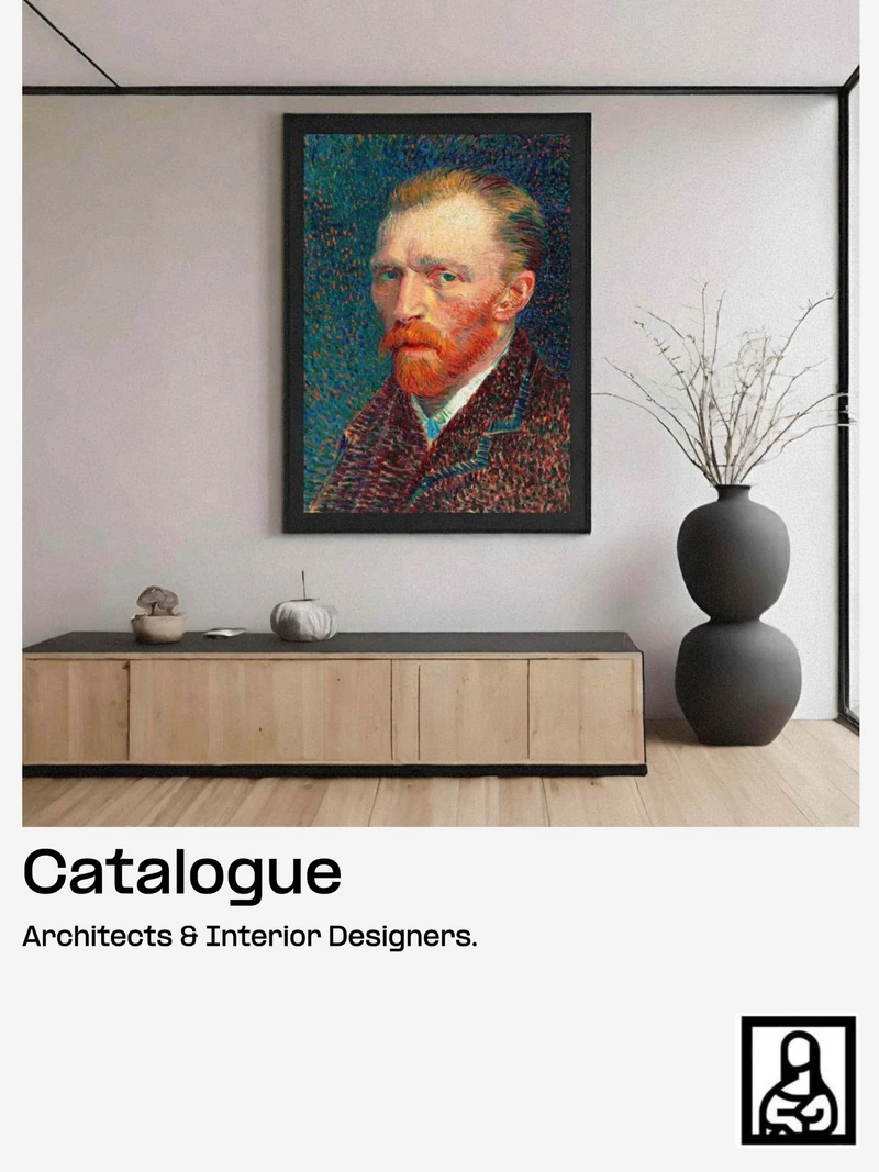 Catalogue cover showing a framed portrait artwork above a pale timber console in a room mockup, with the title Catalogue for Architects and Interior Designers.